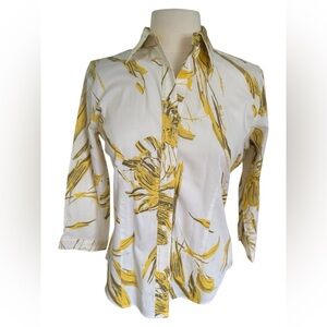 Yellow and White Floral Blouse with 3/4 Sleeves